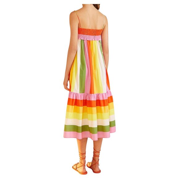 Farm Rio Rainbow Stripe Smocked Tie Strap Tiered Midi Dress Size S Designer - Picture 15 of 16